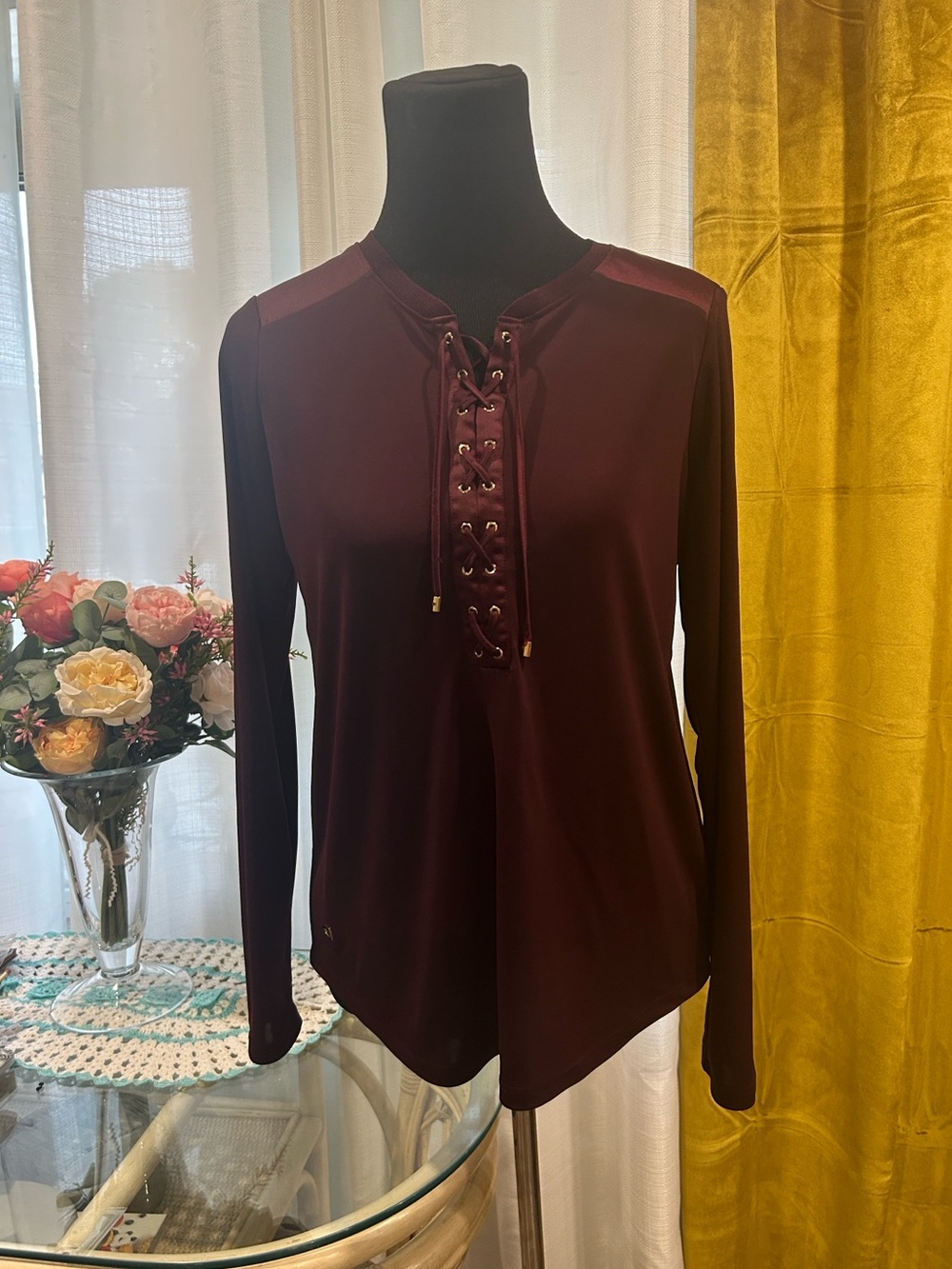 Ralph Lauren Women's Lace-Up Long Sleeve Top in Burgundy